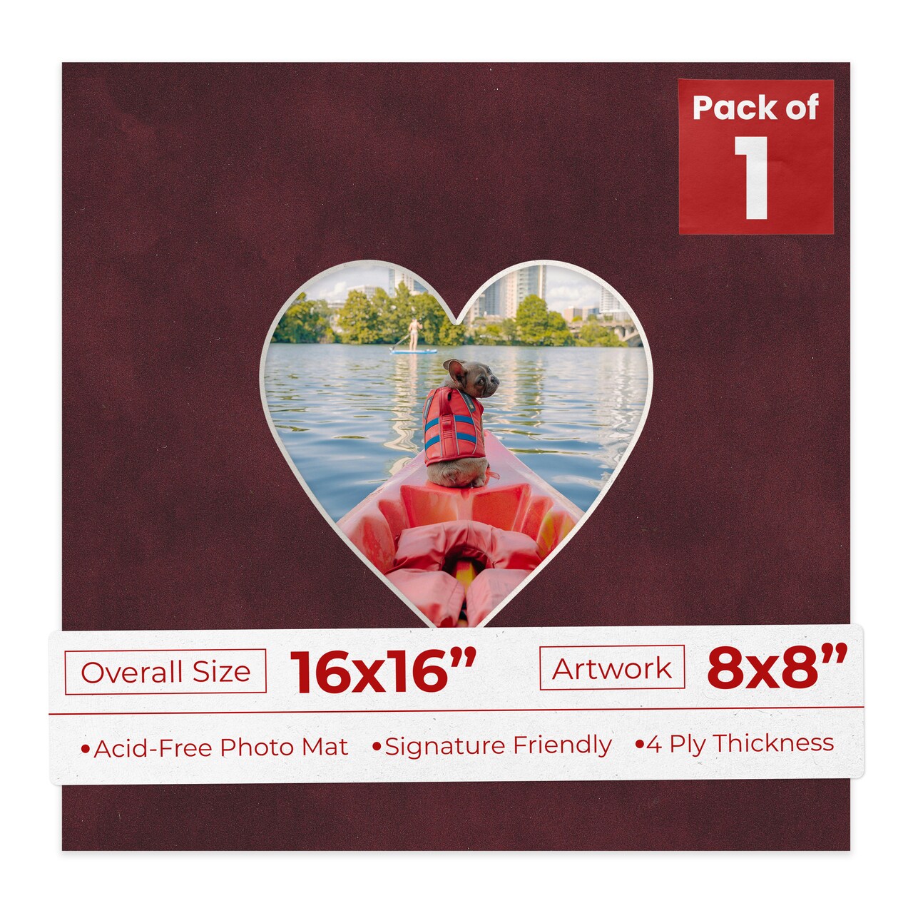 Dark Red Suede Mat Board for 16x16 Frames - Heart Opening for 8x8 Photos